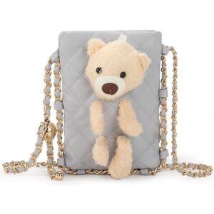 Montana West Crossbody Purse Gray Small Teddy Bear Quilted Bag Chain Strap SM3